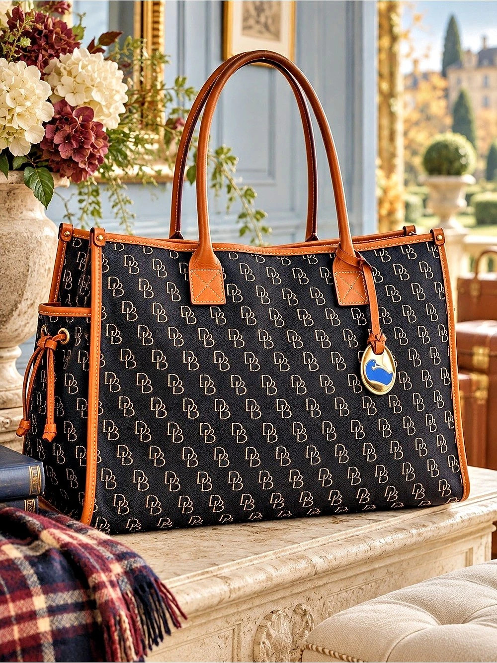 Dooney & Bourke Signature DB Monogram Canvas Shopper Tote Bag Blue Duck Charm